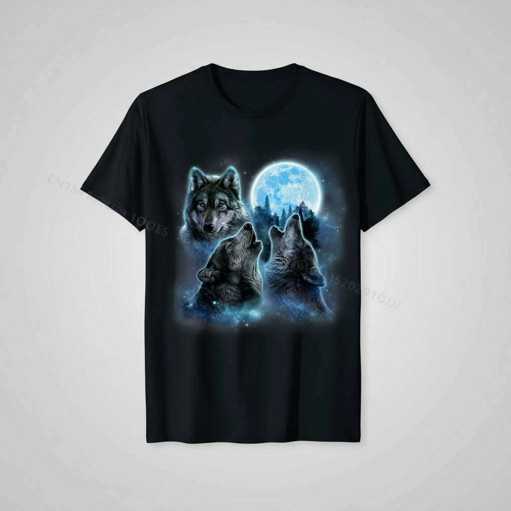 Black t-shirt with a graphic of three wolves and a full moon on a white background