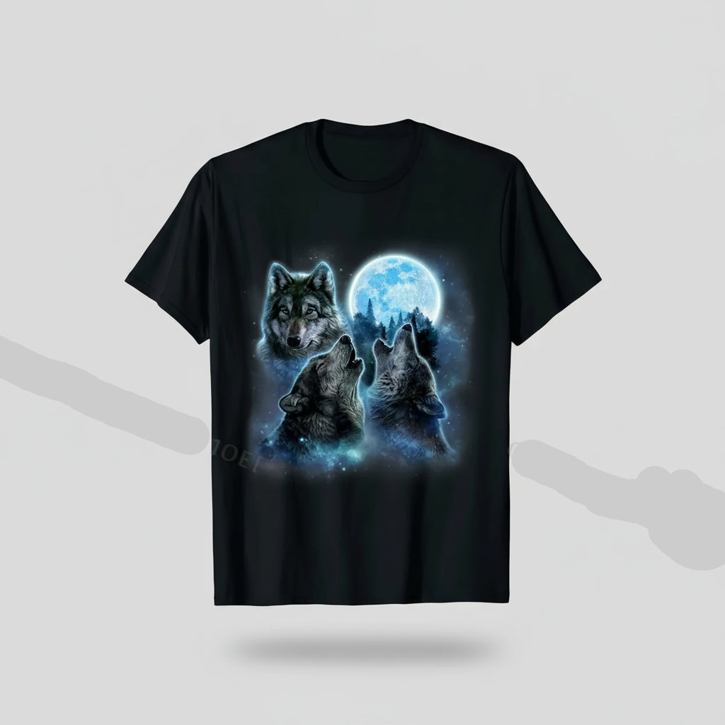 Black t-shirt with a graphic of three wolves and a moon on a white background
